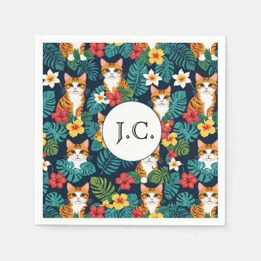 ネコハワイアンシャツスタイル柄トロピカルジンジャー スタンダードカクテルナプキン (正面)