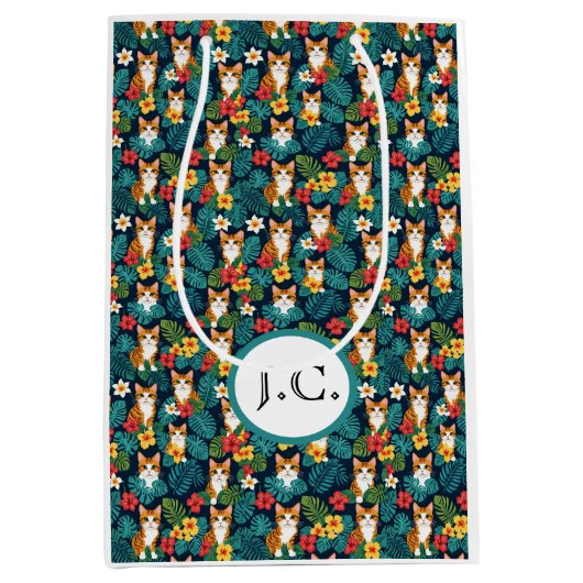 ネコハワイアンシャツスタイル柄トロピカルジンジャー ミディアムペーパーバッグ (正面)