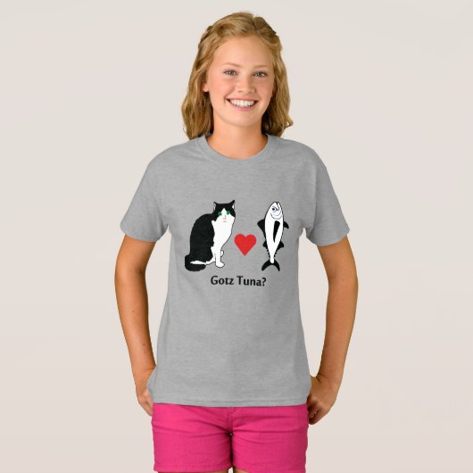 ネコハートマグロの魚ねこジョーク Tシャツ (正面フル)