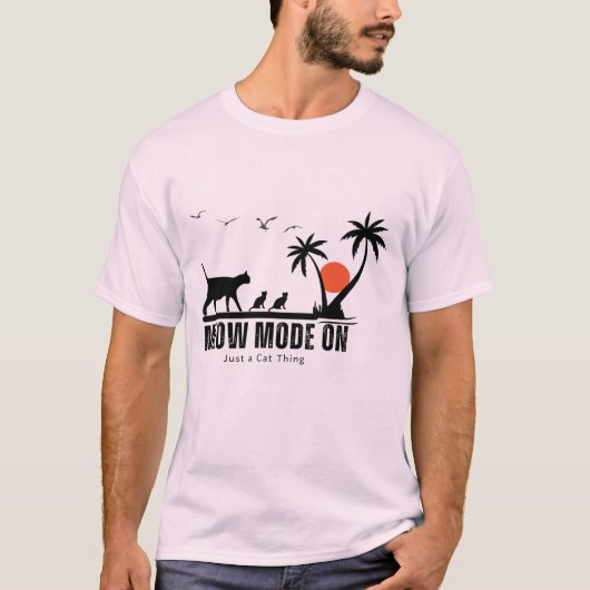 ネコモードオン - 南国の猫のビーチアドベンチャーデザイン Tシャツ (正面)