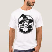 ネコ付き魔女ヴィンテージ魔性イラストレーション Tシャツ (正面)