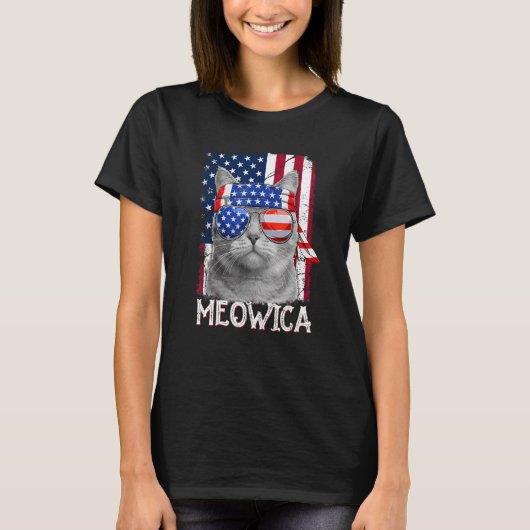 ネコ母とネコパパUSA国旗Cat 4th of 7月Meow Tシャツ (正面)