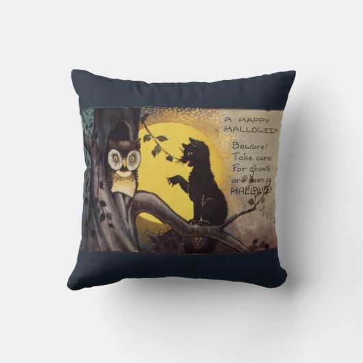 ネコ警告ズフクロウヴィンテージハロウィーン枕 クッション (裏面)