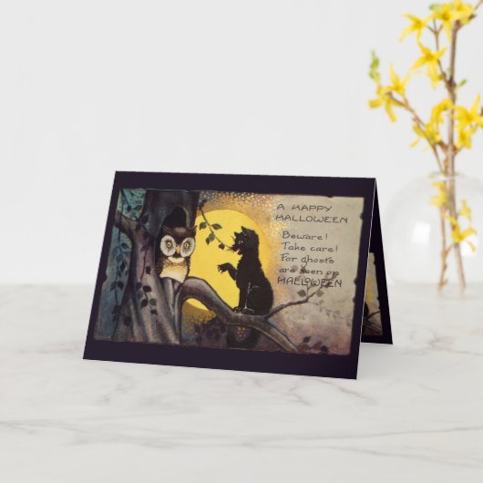ネコ警告フクロウのハロウィンのグリーティングカード カード (黄色い花)