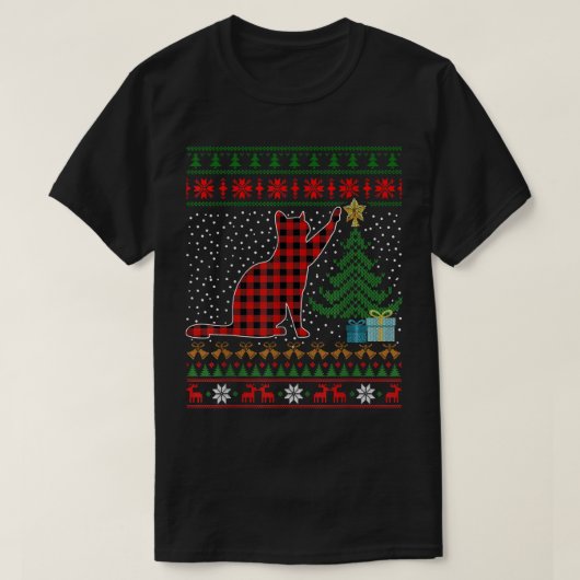 ネコ赤い格子柄のバッファローおもしろい醜いクリスマスセーター Tシャツ (デザイン正面)