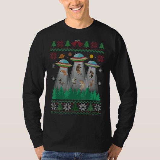 ネコ醜いクリスマスセーターエイリアンUfo猫の誘拐 Tシャツ (正面)