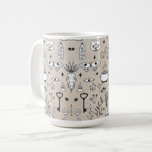 ネコ鍵蝶ハーブ花の魔法の本の大釜 コーヒーマグカップ (正面左)