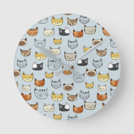 ネコ顔ドードルパターン ラウンド壁時計