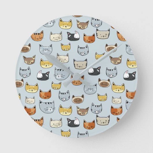 ネコ顔ドードルパターン ラウンド壁時計 (正面)