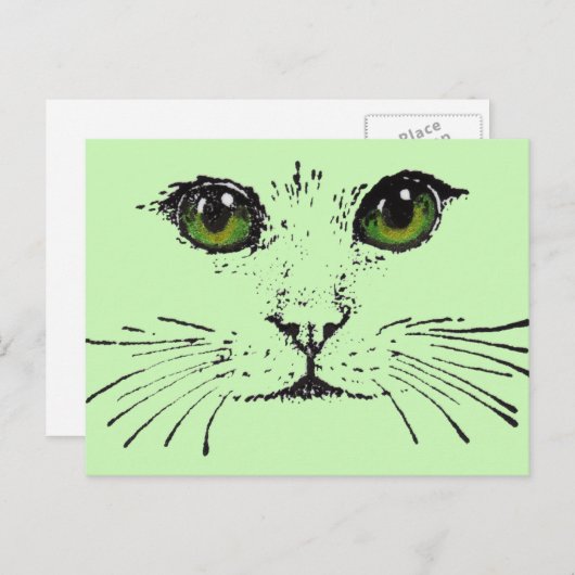 ネコ顔ブラックスケッチ鮮やかグリーンアイズ ポストカード (正面/裏面)