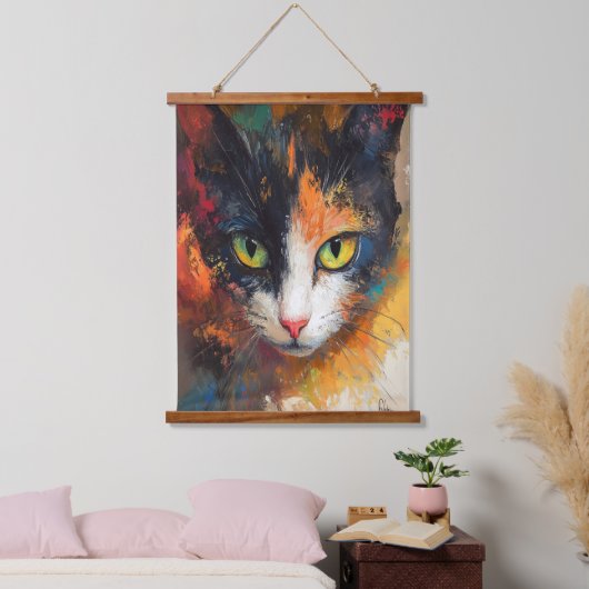 ネコ顔油絵つるのタペストリー 吊り下げ型タペストリー (寝室)