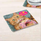 ネコ食べ物ドーナツ スクエアペーパーコースター (アングル)