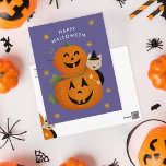 ネコ魔女とハロウィーンのカボチャのちょうちんハッピーハローウィン シーズンポストカード<br><div class="desc">魔猫との可愛子供へいハロウィーン挨拶。金ゴールドフォイルも利用可能！</div>