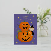 ネコ魔女とハロウィーンのカボチャのちょうちんハッピーハローウィン 箔シーズンポストカード (立ち正面)