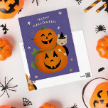 ネコ魔女とハロウィーンのカボチャのちょうちんハッピーハローウィン 箔シーズンポストカード<br><div class="desc">魔猫と子供へ金ゴールドフォイルの星とかわい実在いハロウィン</div>