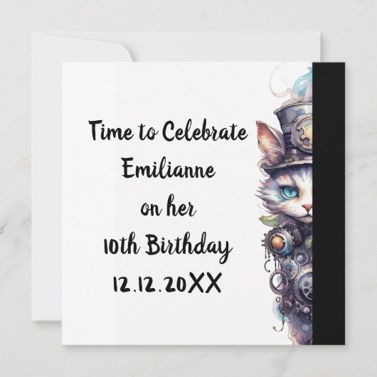 ネコ1子猫とトップハットの水色 招待状 (正面)