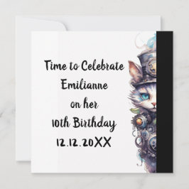 ネコ1子猫とトップハットの水色 招待状