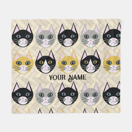 ネコ4匹、ヘリンボーンベージュ フリースブランケット (正面(横))