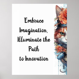 ネコ4子猫バラ水彩画 ポスター