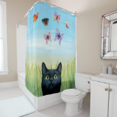 ネコ606黒猫と蝶自然 シャワーカーテン (インサイチュ)