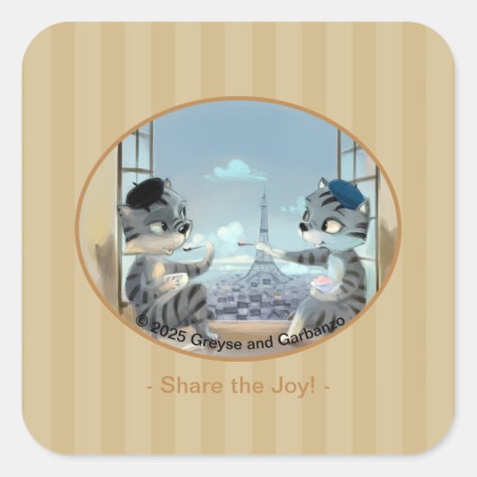 ネコ & エッフェル塔 - パリ ジョイ スクエア ス티ッカーズ スクエアシール (正面)