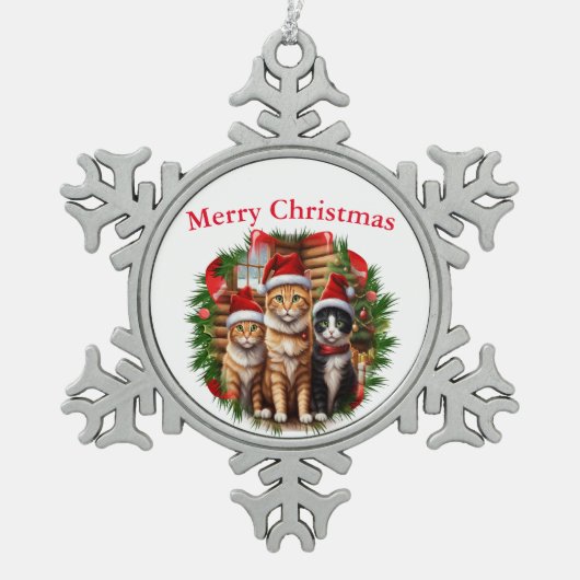 ネコ スノーフレークピューターオーナメント (正面)