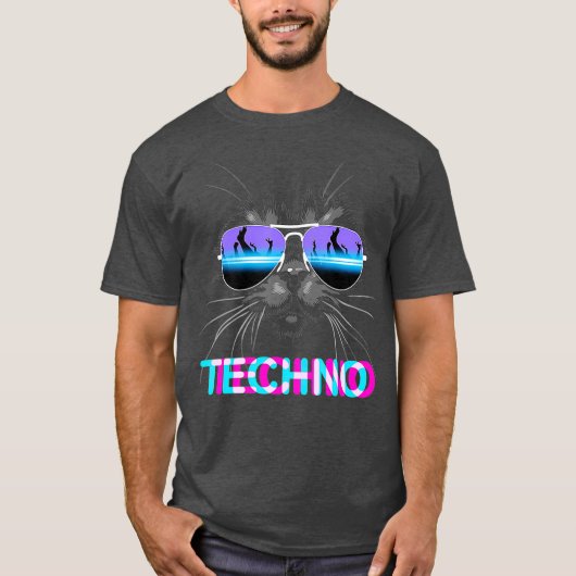ネコ テクノDJ エレクトロ ミュージック Tシャツ (正面)