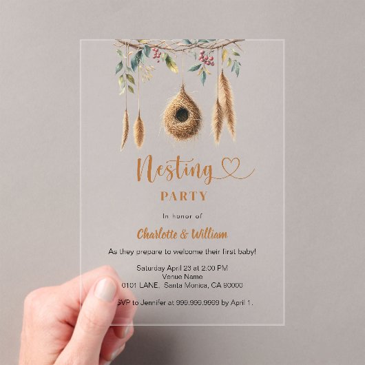 ネスティングバードネストboho赤ちゃんシャワー アクリル招待状 (インサイチュ (ポータブル))