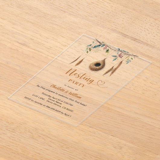 ネスティングバードネストboho赤ちゃんシャワー アクリル招待状 (レイダウン)