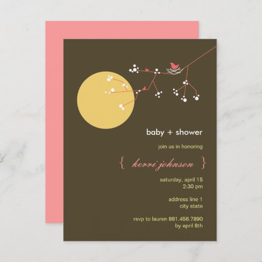 ネスティングバードファミリーツリーお洒落赤ちゃんシャワー インビテーションポストカード (正面/裏面)