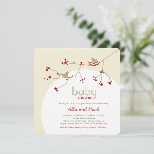 ネスティングバード家族の木カップル赤ちゃんシャワー 招待状 (スタンド正面)