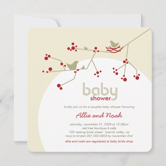ネスティングバード家族の木カップル赤ちゃんシャワー 招待状 (正面)