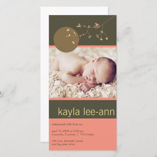 ネスティングバード&ファミリーベビーガール誕生のお知らせ 案内状 (正面/裏面)