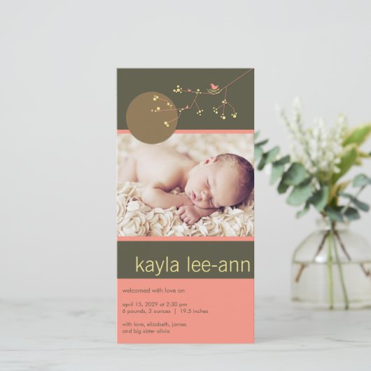 ネスティングバード&ファミリーベビーガール誕生のお知らせ 案内状 (スタンド正面)