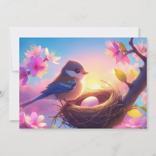 ネスティングパーティーかわいい鳥&卵フローラピンクの花 招待状 (裏面)
