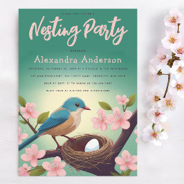 ネスティングパーティー鳥の巣の卵グリーンピンクの花 招待状