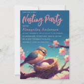 ネスティングパーティー鳥の巣の卵ブルーピンクの花 招待状 (正面)