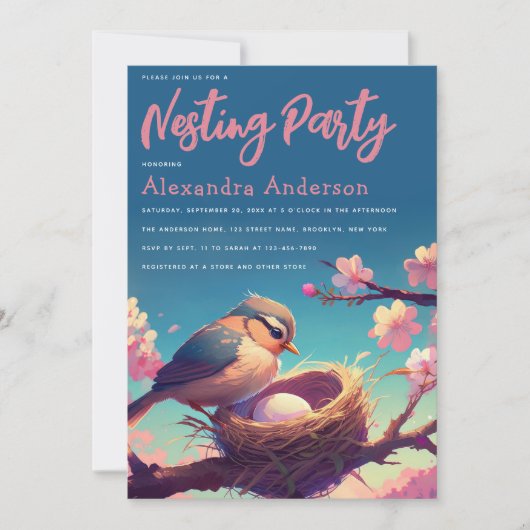 ネスティングパーティー鳥の巣の卵ブルーピンクの花 招待状 (正面)