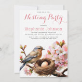 ネスティングパーティー鳥巣卵ピンクフローラ水色 招待状 (正面)