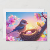 ネスティングパーティー かわいい鳥と卵の花 ピンクの花 招待状 (裏面)