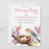 ネスティングパーティー 水彩画 鳥の巣 2つの卵 花 招待状 (正面)