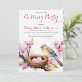 ネスティングパーティー 水彩画 鳥の巣 2つの卵 花 招待状 (スタンド正面)