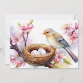 ネスティングパーティー 水彩画 鳥の巣 2つの卵 花 招待状 (裏面)