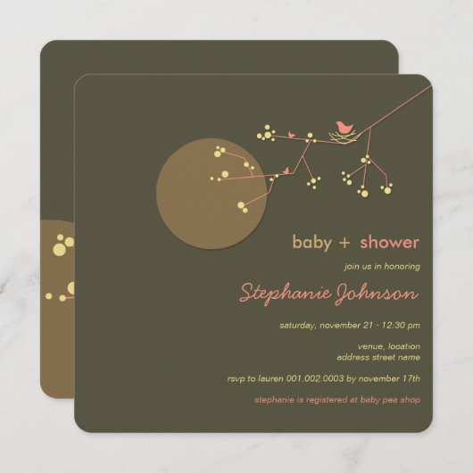 ネスティング鳥の系譜の女の子のベビーシャワーの招待 招待状 (正面/裏面)