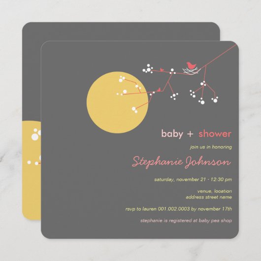 ネスティング鳥の系譜の女の子のベビーシャワーの招待 招待状 (正面/裏面)