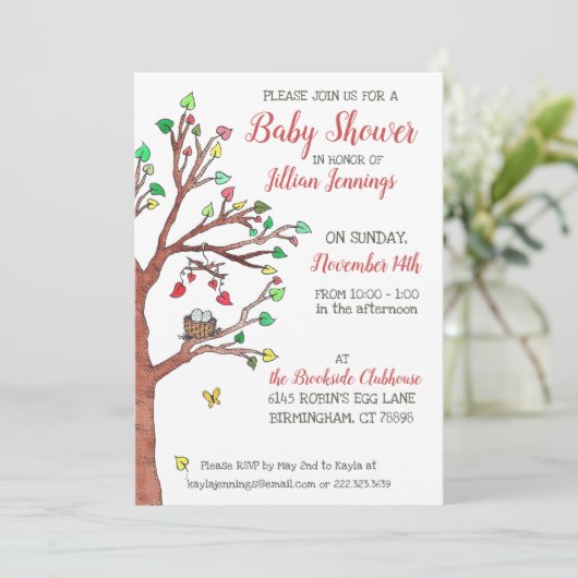 ネストウォーターカラーの木の赤お洒落ちゃんシャワー 招待状 (スタンド正面)