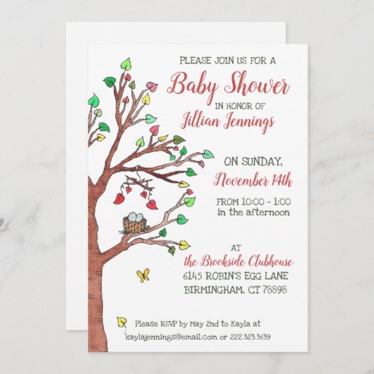 ネストウォーターカラーの木の赤お洒落ちゃんシャワー 招待状 (正面/裏面)