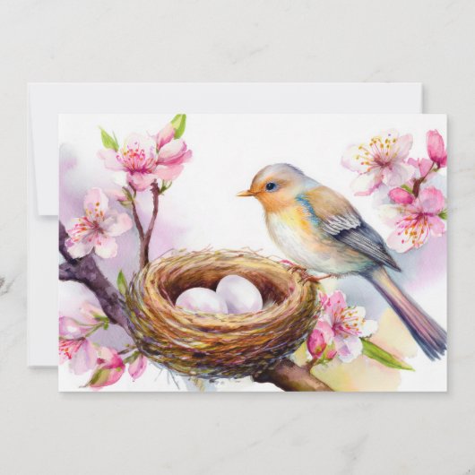 ネストパーティー水色の鳥の巣2つの卵フローラ 招待状 (裏面)