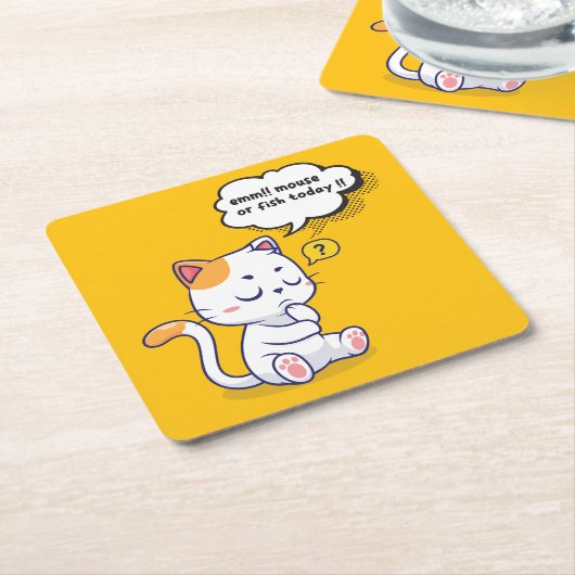 ネズミか魚？ペットおもしろいの深いの考え猫が スクエアペーパーコースター (アングル)