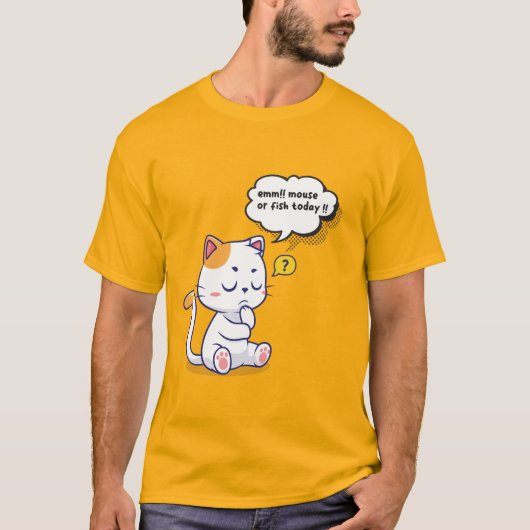ネズミか魚？ペットおもしろいの深いの考え猫が Tシャツ (正面)
